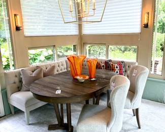 SOLD Kincade Furniture Round Driftwood Table with Leaf - 44x44x30 (w/leaf 64x44x30) SOLD Curved Back Side Chair w/ Linen Upholstery 22x19x30; SOLD -Tufted Upholstery 3-piece Corner Bench Sectional (25.5x25x33 - corner piece) (bench - 39.5x25.5x33) (other bench 57x25.5x33) 