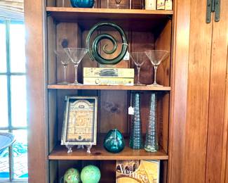 Set of 3 decorative green balls - $10; Italian made glazed copper vase - $60 -7.5x3; $40- Capitals of art Venice; $18 - blue green glass vase; pair of hand blown glass candlesticks - $60 -12h; set of 9 martinis glasses - $36; SOLD -glass swirl; art glass decanter nod stopper- $40- 12h