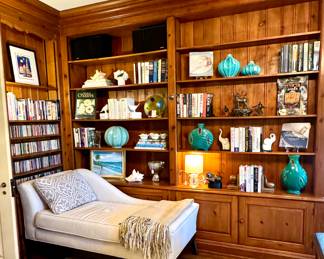 SOLD Chaise Lounge in linen color with herringbone upholstery (2 available) - (each); SOLD Custom silk upholstered pillows (2 available) - (each) -23x18; 100% woolen fabric throw - $400; Rug not for sale; turquoise vases (bottom right and middle right shelf)- $24; Bella vintage elephant bookends - $60 - 11x9.5; Bronze saxophone player sculpture - $28 - 3x5; Bronze Drummer - $28 - 5.5x5; Deer music box - $42; Global views turquoise vase (top shelf on right) - $32 and $24; turquoise decorative ball (left middle shelf) - $30 