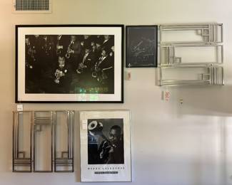 SOLD  Fabricated metal 3D wall art - you remove-- 24x24x1.5 (2 available); Framed poster of Sam Shaw photograph of Louis Armstrong - $100 - 43x31; Framed poster of Stefan Grabowski photograph of Dizzy Gillespie - $60- 20x28; Signed and numbered lithograph by George Luttrell of New Orleans Jazz - $100 - 12.5x16.5