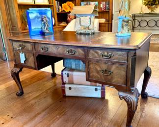 SOLD Hekman executive desk with ball and claw feet - SOLD - 58x29x30; vintage hard case suitcases (3 available) - $28(each); Brass desk lamp - $150; Dapper golfing dog figure - $80 - 16x6 