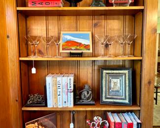 Firebird decanter- $60; Flutist figurine - $40; Plaid decanter - $10; Bombay bookends- SOLD; Set of 8 martini glasses - SOLD; original art - $60; Artisan red plate -$40; $20 - marble paperweight; clear glass sculptures (2 available)- $30 (each)