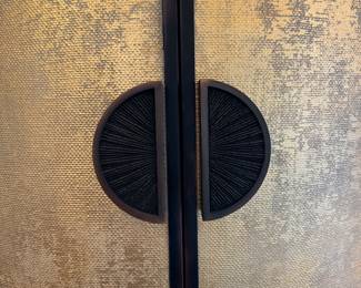 SOLD Closer view - Hooker Furniture - half-barrel, 2-door cabinet, with gold leaf, linen doors  - 42”L x 20”W x38” H