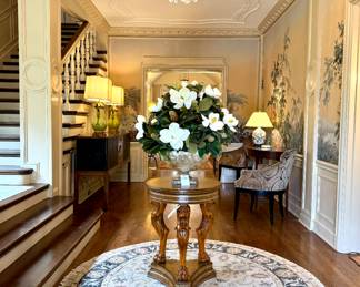  SOLD (rug still avail)  Join us for a fabulous sale in an historic Clayton, MO home. BEAUTIFUL,Large, life-like Magnolia Floral Arrangement  29Dx32H 