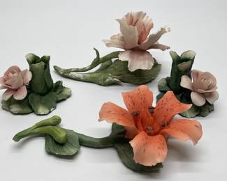 Pair of Capodimonte Candle Holders and Two Flowers