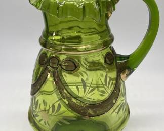 Vintage Green Art Glass Pitcher w/ Gold