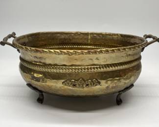 Vtg Solid Brass Footed Planter with Grape Motif