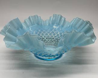 Vtg Fenton Hobnail Ruffled Blue Glass Bowl
