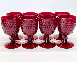 Set of 8 Ruby Red Hobnail Glasses