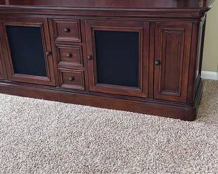 Villa Tuscano TV Console Cabinet with hutch.  $1300 new.  **optional glass panels included** Top is removable.  Many compartments, drawers and cabinets with holes in back for cords.  Very solid heavy piece.  Bottom console measurements: 76”w 22”d 30”h.  