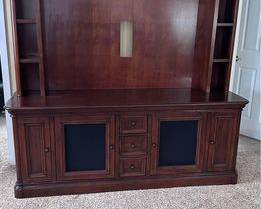 Villa Tuscano TV Console Cabinet with hutch.  $1300 new.  **optional glass panels included** Top is removable.  Many compartments, drawers and cabinets with holes in back for cords.  Very solid heavy piece.  Bottom console measurements: 76”w 22”d 30”h.  