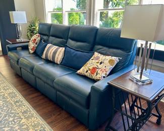 Navy leather reclining sofa by Omnia (2 sets are available)