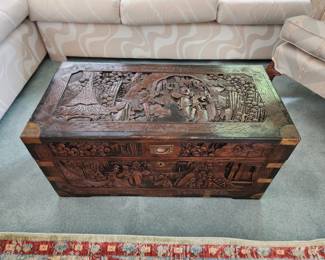 Chinese antique carved camphorwood chest