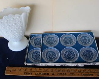 Crystal coasters, white milk glass