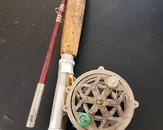 Vintage Bronson Flylite skeleton fishing reel and rod