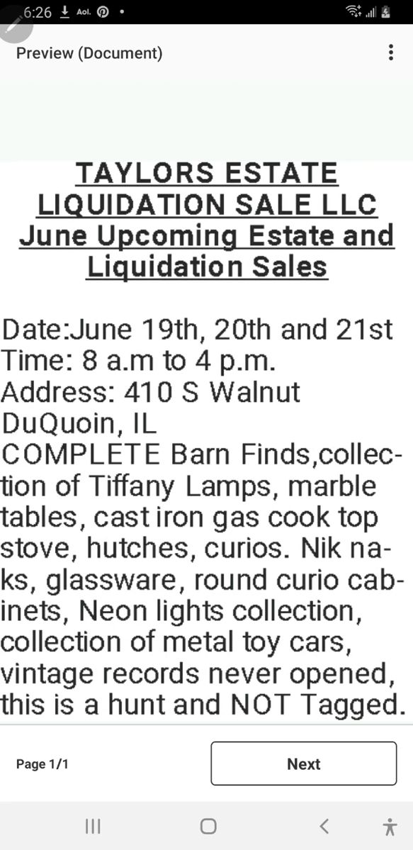 TAYLORS ESTATE LIQUIDATION starts on 6/19/2024