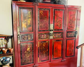 Chinese carved wood painted cabinet