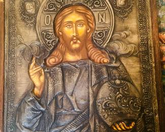 Russian, Jesus, oil on wood with silver overlay