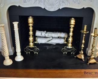 Brass andirons and candleholders