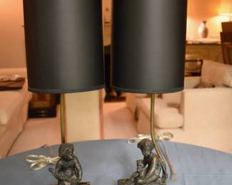 Bronze figural lamps with marble bases
