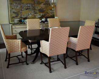 Carved double pedestal dining table by Kindel Furniture. Includes pads and leaves