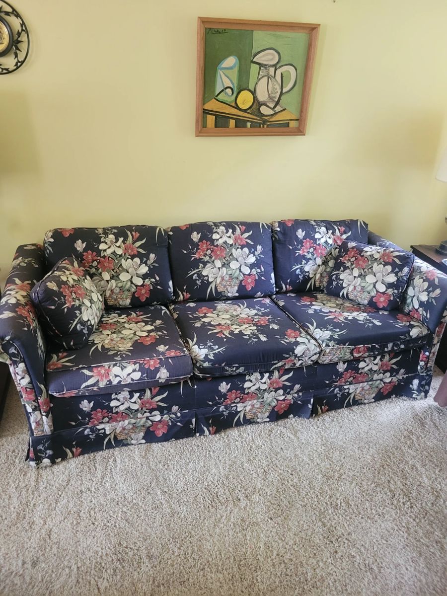 This Sofa Was Covered For Years And Once Uncovered Is A Beautiful Navy Blue Floral Sofa  In Good Clean Condition And Comfy Too 