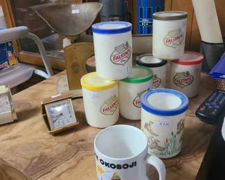 Falstaff koozies and vintage clocks