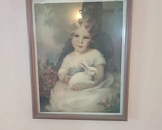Portrait of Girl with Bunny, Vintage Art Print