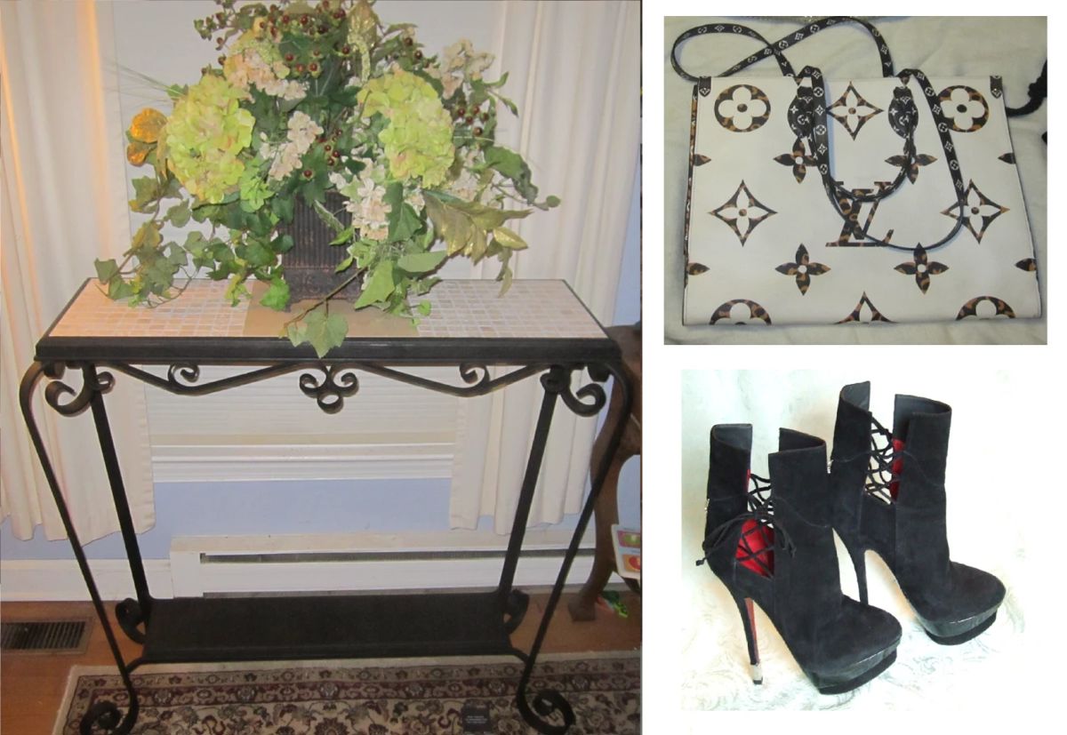 Cast iron and marble table and women's designer fashions!!