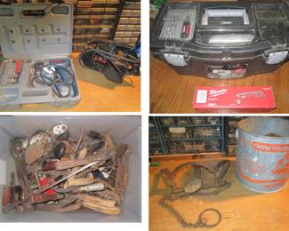 Vintage tools, animal trap, drill and tool box.