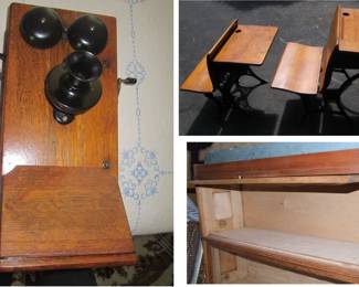 1920's oak phone (which rings when handle is turned). Two antique oak school desks. Two lawyer book cases.