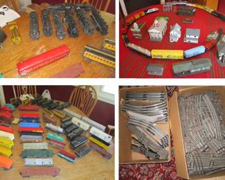 Trains, track, and buildings (HO and O gauge).