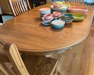 RUSSEL WRIGHT DISHES PLUS OAK TABLE WITH 6 CHAIRS