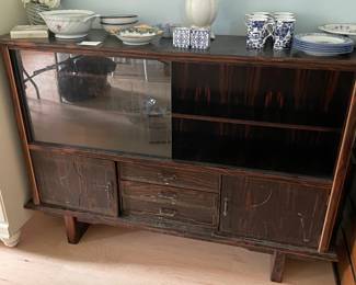 	#3	Mid-Century Walnut Stained Bar/Curio Cabinet - Glass sliding doors, 3 shelves, 2 doors and 3 drawers.	59.5x14x42		50.00																							