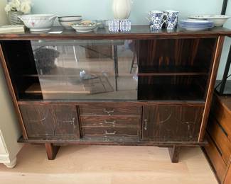 	#3	Mid-Century Walnut Stained Bar/Curio Cabinet - Glass sliding doors, 3 shelves, 2 doors and 3 drawers.	59.5x14x42		50.00																							