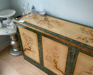 	#1	Chinese Lacquer Sideboard/Buffet - Green and yellow w/flower blossoms	70x16x33.5	225.00																							
