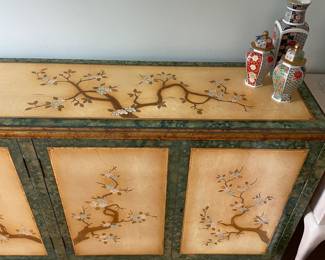 	#1	Chinese Lacquer Sideboard/Buffet - Green and yellow w/flower blossoms	70x16x33.5	225.00																							