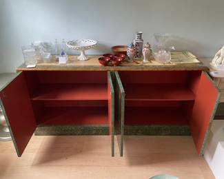 	#1	Chinese Lacquer Sideboard/Buffet - Green and yellow w/flower blossoms	70x16x33.5	225.00																							