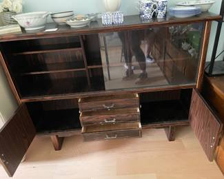 	#3	Mid-Century Walnut Stained Bar/Curio Cabinet - Glass sliding doors, 3 shelves, 2 doors and 3 drawers.	59.5x14x42		50.00																							