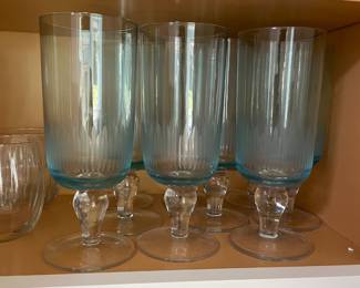 	#130	9 pc set - etched footed aqua blue iced tea set			30.00																							