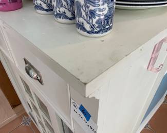 	#6	White Storage Cabinet w/2 drawers and 2 sliding doors.	36.5x17x47.5		100.00																							