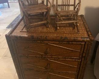 Vintage British Colonial style bamboo and cane small chest