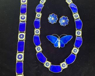Mid-C M sterling and brilliant blue guilloche enamel jewelry by David Andersen (Norway), ca 1950, excellent vintage condition