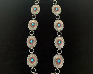 Beautiful unsigned sterling, turquoise and coral concho belt, 38 1/2"