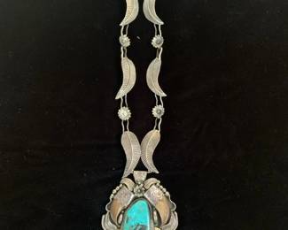 Elgin Hoskey (Dine) large and very heavy sterling and Pilot Mountain or Red Mountain turquoise pendant necklace
