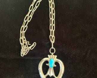 Beautiful heavy sandcast sterling and turquoise naja pendant, unsigned 