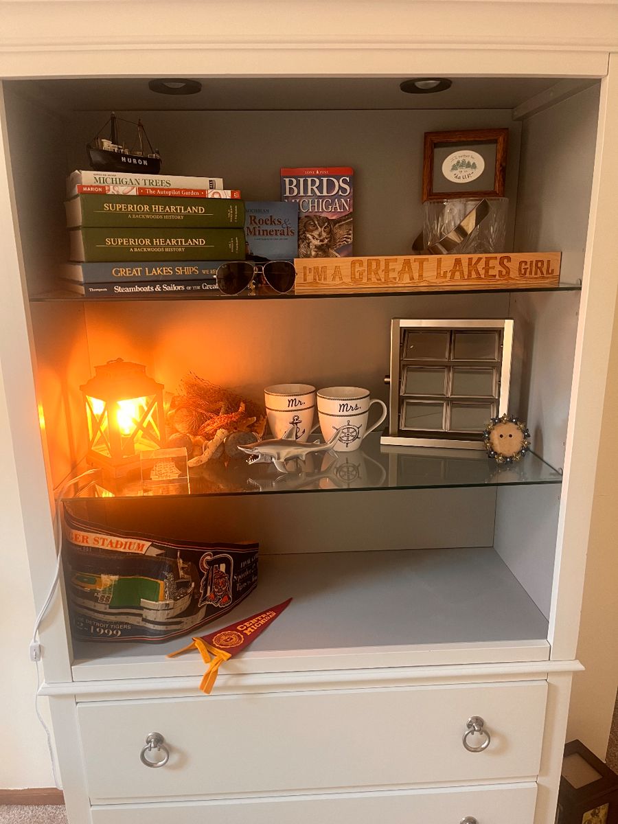 pair of white bookcase cabinets, Great Lake ship books, 