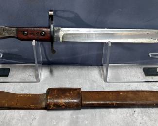 Ross Rifle Co 1907 Bayonet, SN# H564, 10" Blade, U.S. And Flaming Bomb Engraved In Grip, In Leather Scabbard Stamped U.S. And Flaming Bomb