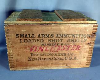 Winchester Small Arms Ammunition Loaded Shot Shells Wood Crate With Hinged Lid, 9.5" H x 14.5" W x 9" D