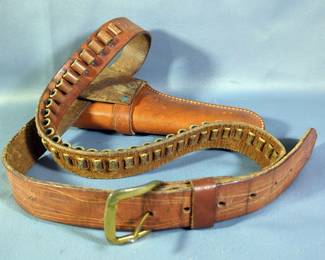 Hunter Leather Revolver Holster Marked 1100 G 45, On Leather Belt With Cartridge Loops